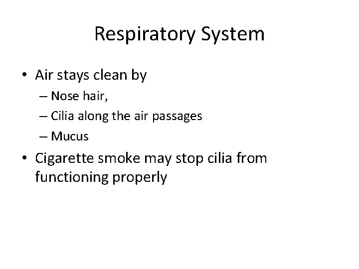 Respiratory System • Air stays clean by – Nose hair, – Cilia along the