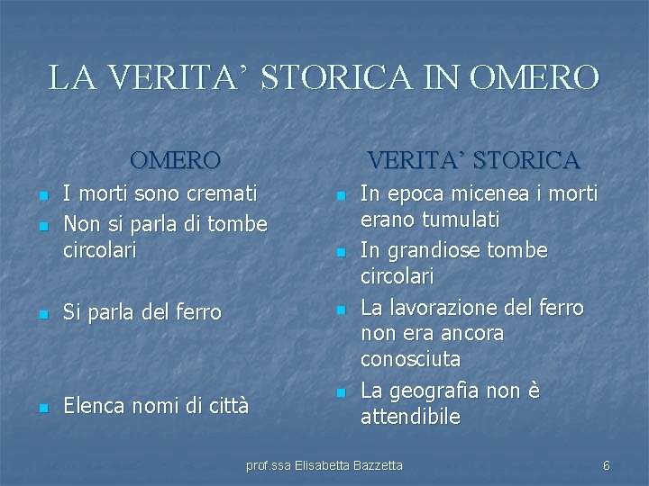 LA VERITA’ STORICA IN OMERO n n VERITA’ STORICA I morti sono cremati Non