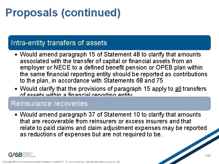 Proposals (continued) Intra-entity transfers of assets Would amend paragraph 15 of Statement 48 to