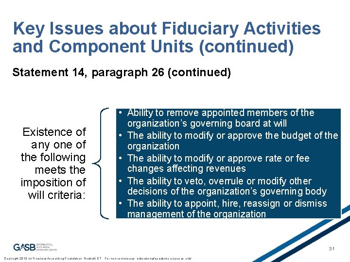 Key Issues about Fiduciary Activities and Component Units (continued) Statement 14, paragraph 26 (continued)