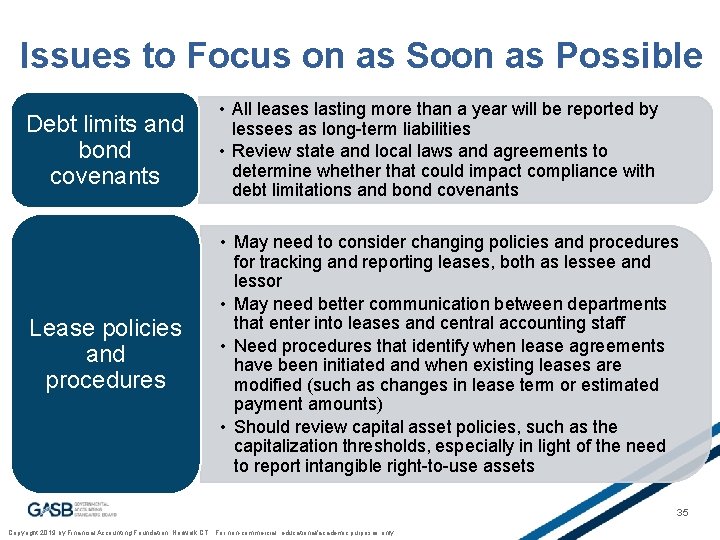 Issues to Focus on as Soon as Possible Debt limits and bond covenants •