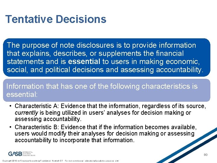 Tentative Decisions The purpose of note disclosures is to provide information that explains, describes,