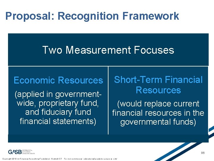 Proposal: Recognition Framework Two Measurement Focuses Economic Resources (applied in governmentwide, proprietary fund, and