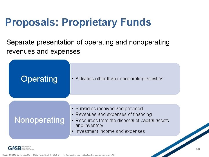 Proposals: Proprietary Funds Separate presentation of operating and nonoperating revenues and expenses Operating Nonoperating