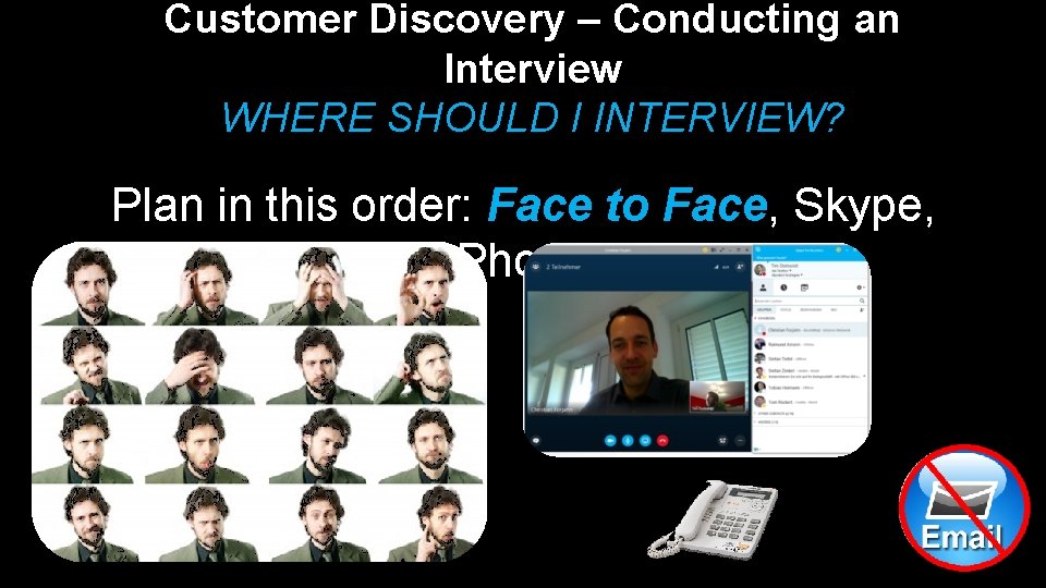 Customer Discovery – Conducting an Interview WHERE SHOULD I INTERVIEW? Plan in this order: