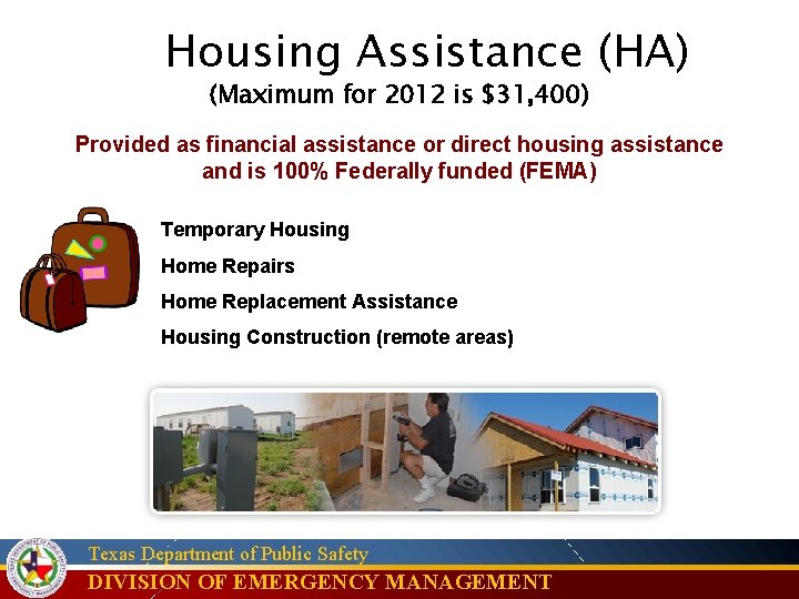 Housing Assistance (HA) (Maximum for 2012 is $31, 400) Provided as financial assistance or