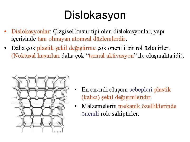 Dislokasyon • Dislokasyonlar: Çizgisel kusur tipi olan dislokasyonlar, yapı içerisinde tam olmayan atomsal düzlemlerdir.