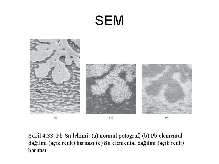SEM Şekil 4. 33: Pb-Sn lehimi: (a) normal potograf, (b) Pb elemental dağılım (açık