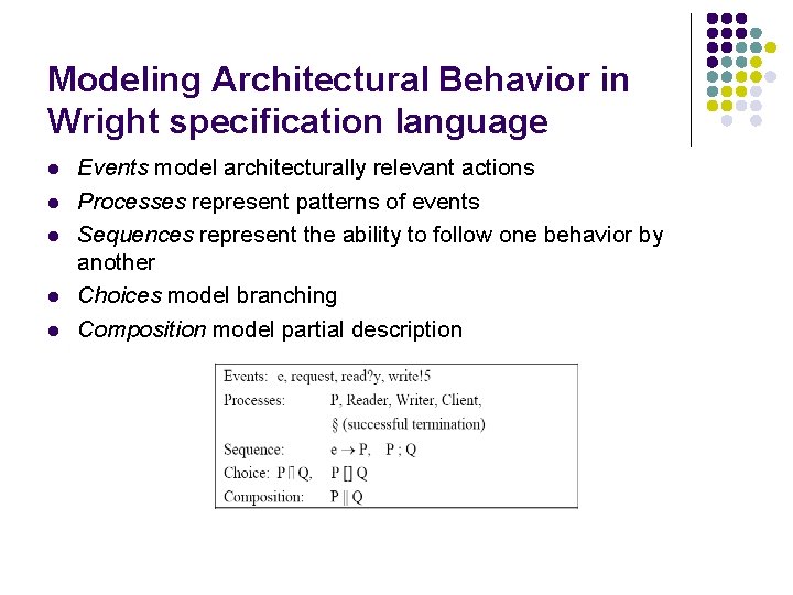 Modeling Architectural Behavior in Wright specification language l l l Events model architecturally relevant