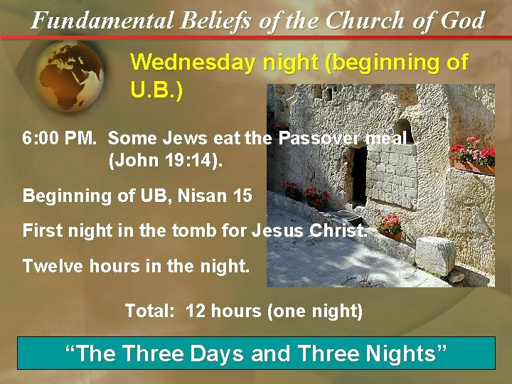 Fundamental Beliefs of the Church of God Wednesday night (beginning of U. B. )