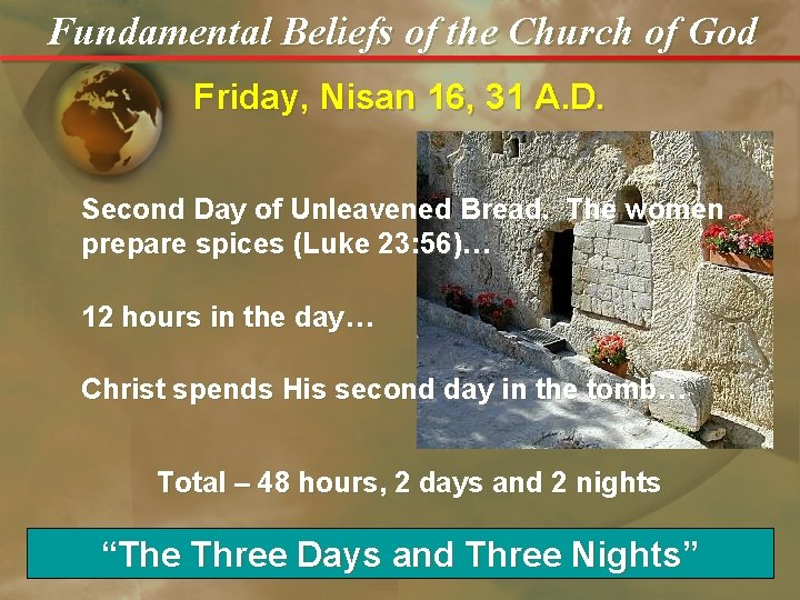 Fundamental Beliefs of the Church of God Friday, Nisan 16, 31 A. D. Second