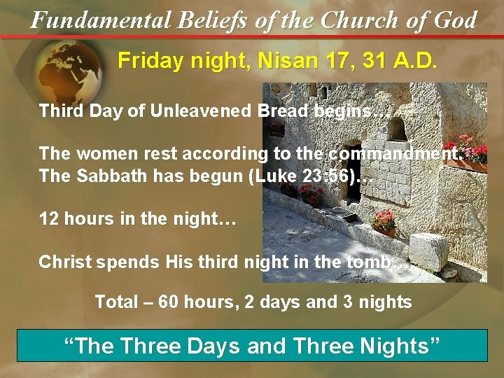 Fundamental Beliefs of the Church of God Friday night, Nisan 17, 31 A. D.