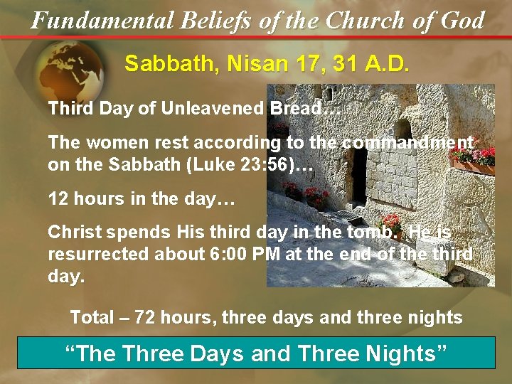 Fundamental Beliefs of the Church of God Sabbath, Nisan 17, 31 A. D. Third