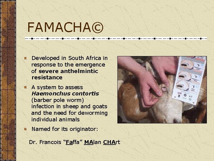 FAMACHA© Developed in South Africa in response to the emergence of severe anthelmintic resistance