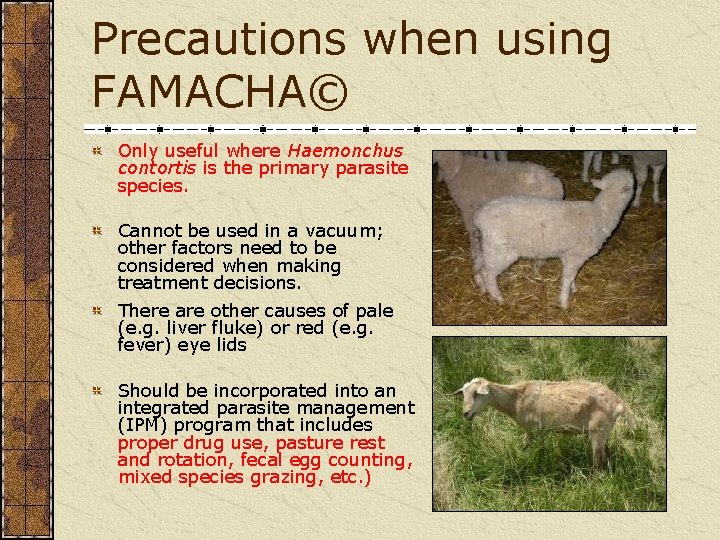 Precautions when using FAMACHA© Only useful where Haemonchus contortis is the primary parasite species.