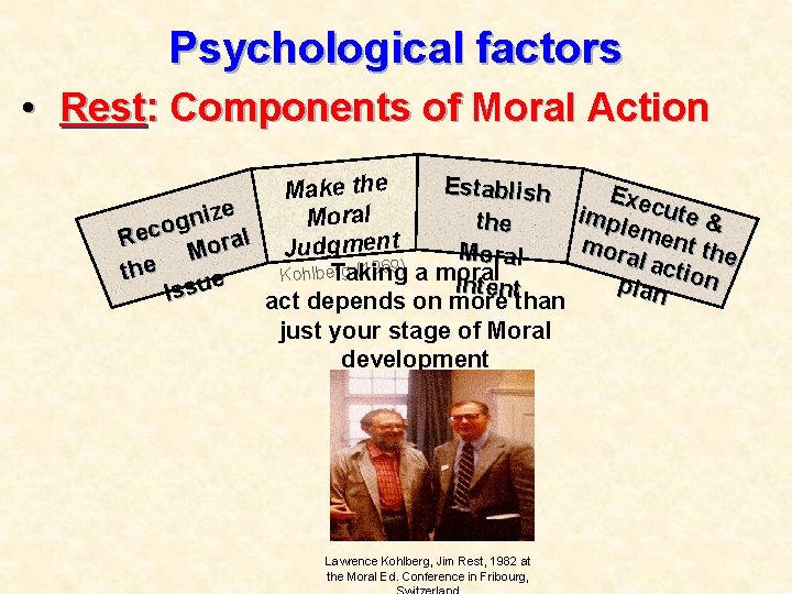 Psychological factors • Rest: Components of Moral Action Establish Make the Exec ute &