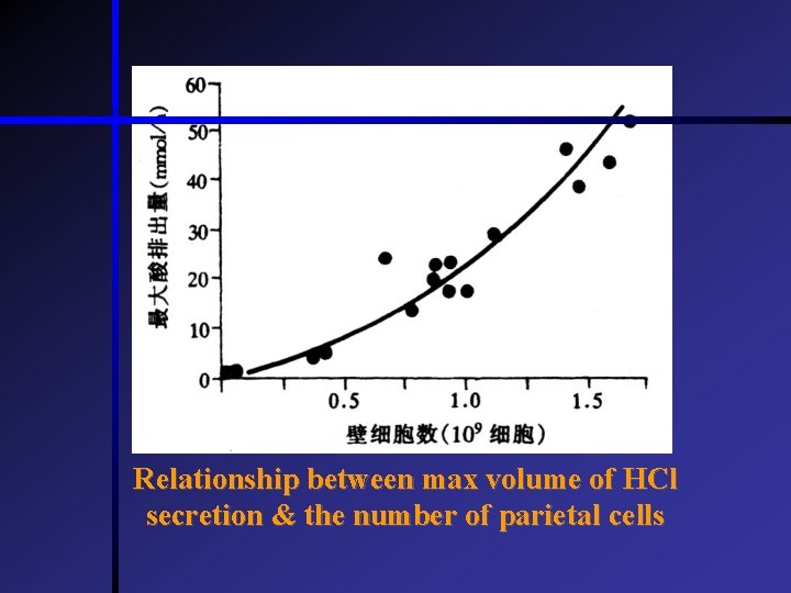Relationship between max volume of HCl secretion & the number of parietal cells  Relationship between max volume of HCl secretion & the number of parietal cells