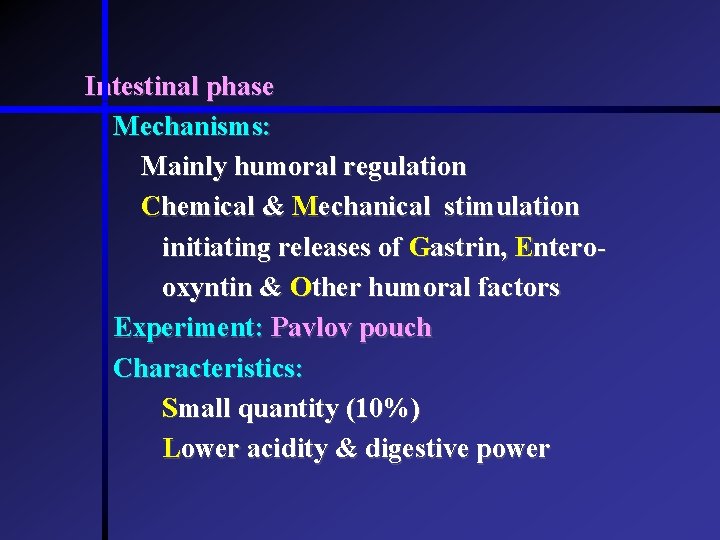 Intestinal phase Mechanisms: Mainly humoral regulation Chemical & Mechanical stimulation initiating releases of Gastrin, Intestinal phase Mechanisms: Mainly humoral regulation Chemical & Mechanical stimulation initiating releases of Gastrin,
