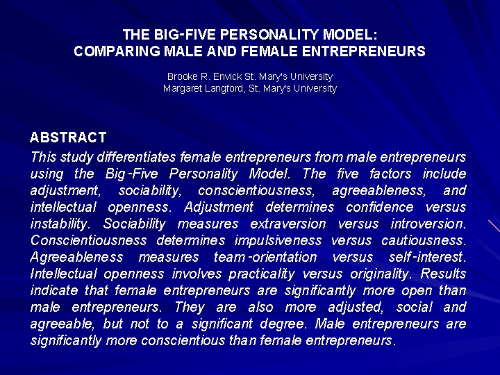 THE BIG‑FIVE PERSONALITY MODEL: COMPARING MALE AND FEMALE ENTREPRENEURS Brooke R. Envick St. Mary's