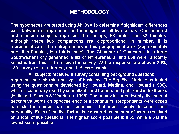 METHODOLOGY The hypotheses are tested using ANOVA to determine if significant differences exist between