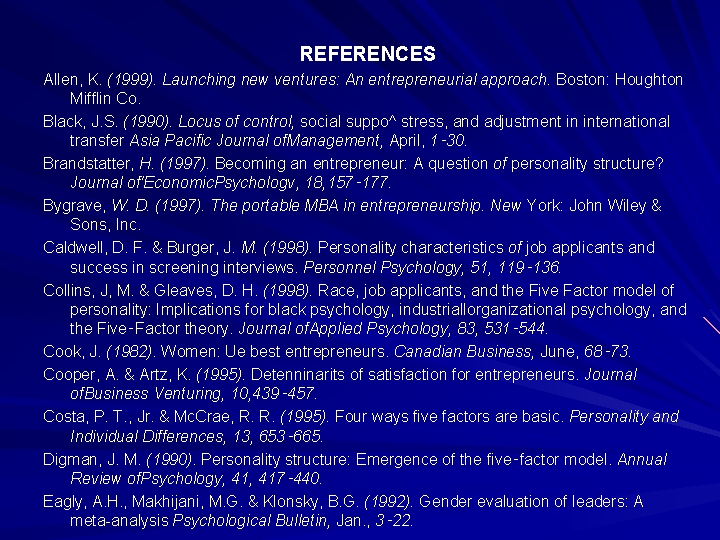 REFERENCES Allen, K. (1999). Launching new ventures: An entrepreneurial approach. Boston: Houghton Mifflin Co.