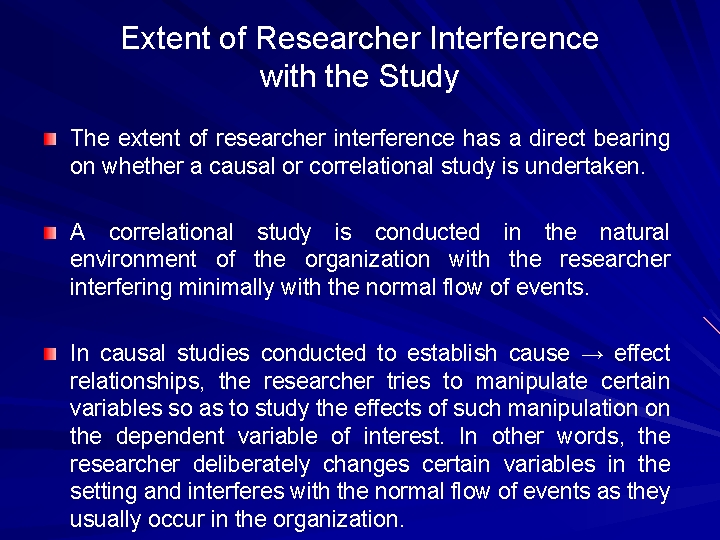 Extent of Researcher Interference with the Study The extent of researcher interference has a