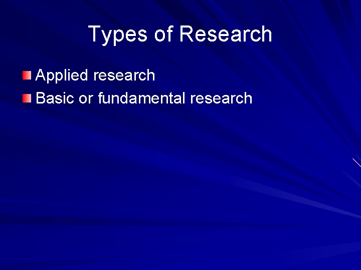 Types of Research Applied research Basic or fundamental research 