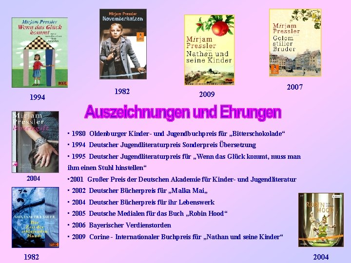1994 1982 2009 2007 • 1980 Oldenburger Kinder- und Jugendbuchpreis für „Bitterschokolade“ • 1994