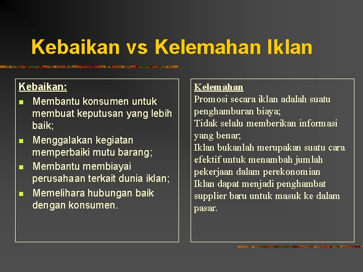 Kebaikan vs Kelemahan Iklan Kebaikan: n Membantu konsumen untuk membuat keputusan yang lebih baik;