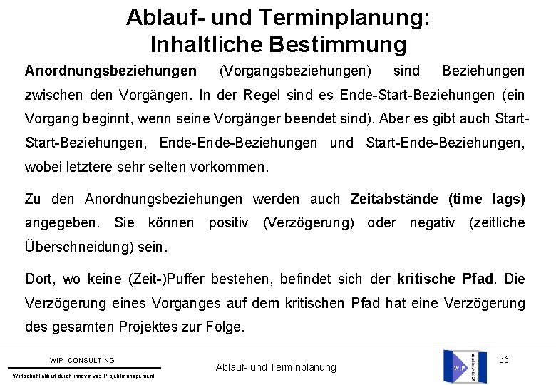 Ablauf- und Terminplanung: Inhaltliche Bestimmung Anordnungsbeziehungen (Vorgangsbeziehungen) sind Beziehungen zwischen den Vorgängen. In der