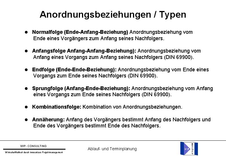 Anordnungsbeziehungen / Typen Normalfolge (Ende-Anfang-Beziehung) Anordnungsbeziehung vom Ende eines Vorgängers zum Anfang seines Nachfolgers.