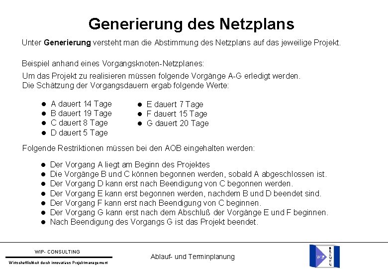 Generierung des Netzplans Unter Generierung versteht man die Abstimmung des Netzplans auf das jeweilige