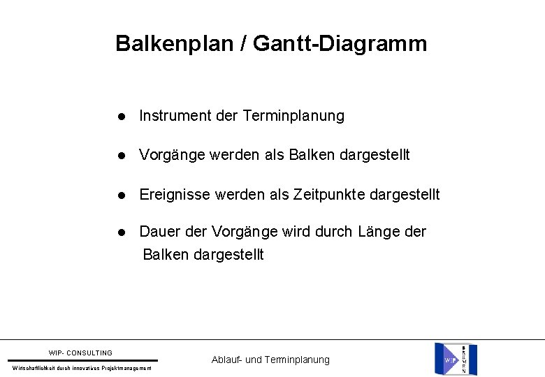 Balkenplan / Gantt-Diagramm Instrument der Terminplanung Vorgänge werden als Balken dargestellt Ereignisse werden als