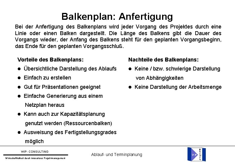 Balkenplan: Anfertigung Bei der Anfertigung des Balkenplans wird jeder Vorgang des Projektes durch eine