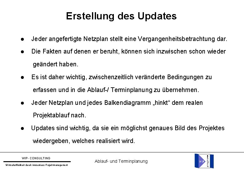 Erstellung des Updates Jeder angefertigte Netzplan stellt eine Vergangenheitsbetrachtung dar. Die Fakten auf denen