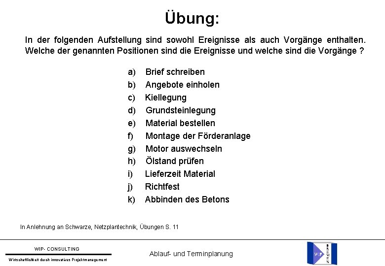 Übung: In der folgenden Aufstellung sind sowohl Ereignisse als auch Vorgänge enthalten. Welche der