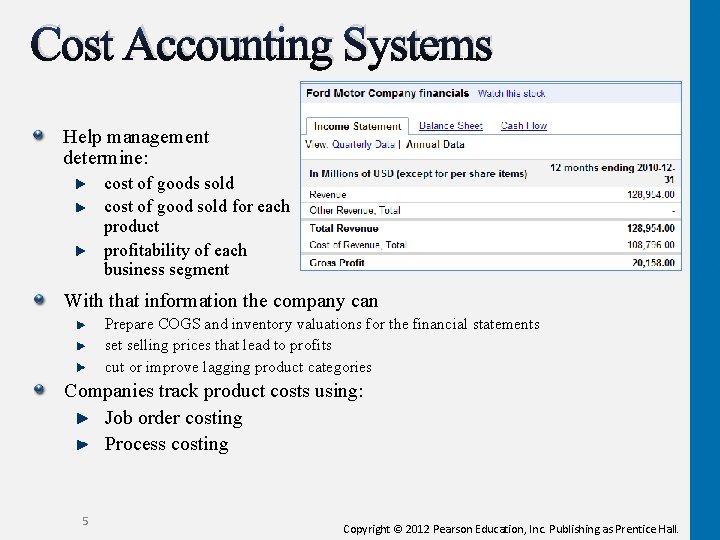 Cost Accounting Systems Help management determine: cost of goods sold cost of good sold