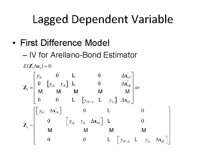 Lagged Dependent Variable • First Difference Model – IV for Arellano-Bond Estimator 