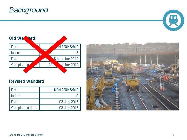Background Old Standard: Ref: NR/L 2/OHS/019 Issue: 8 Date: 04 September 2010 Compliance date: