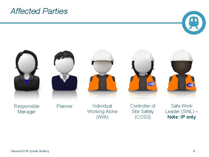 Affected Parties Responsible Manager Standard 019 Update Briefing Planner Individual Working Alone (IWA) Controller