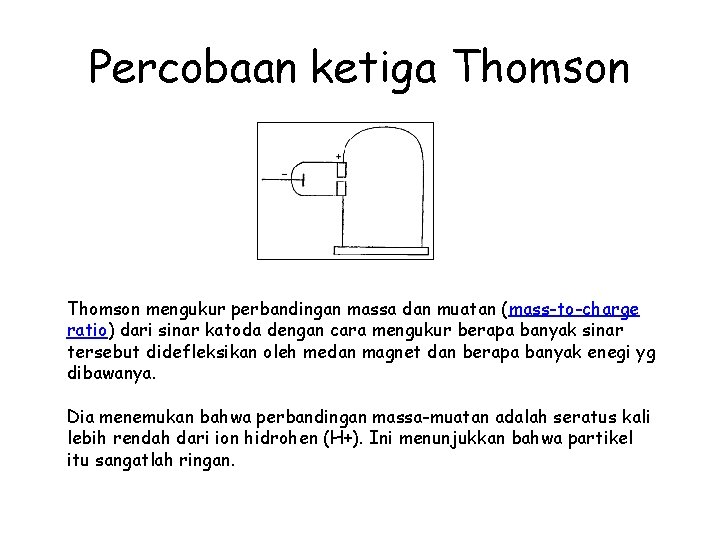 Percobaan ketiga Thomson mengukur perbandingan massa dan muatan (mass-to-charge ratio) dari sinar katoda dengan