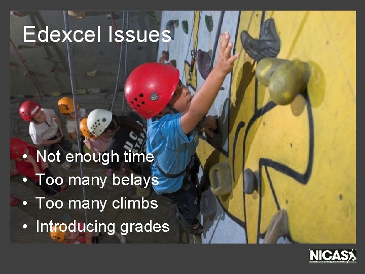 Edexcel Issues • • Not enough time Too many belays Too many climbs Introducing