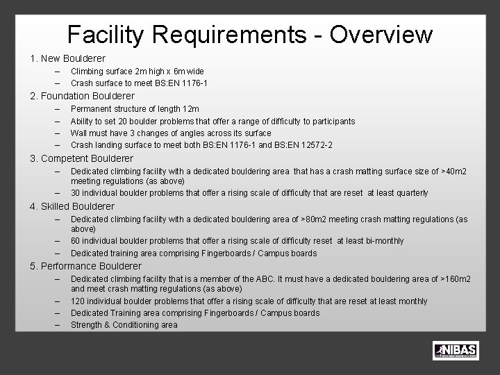 Facility Requirements - Overview 1. New Boulderer – – Climbing surface 2 m high
