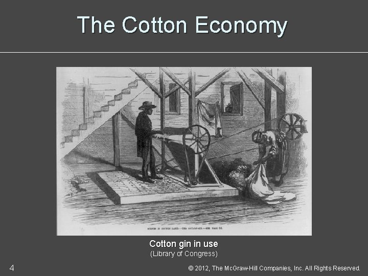 The Cotton Economy Cotton gin in use (Library of Congress) 4 © 2012, The