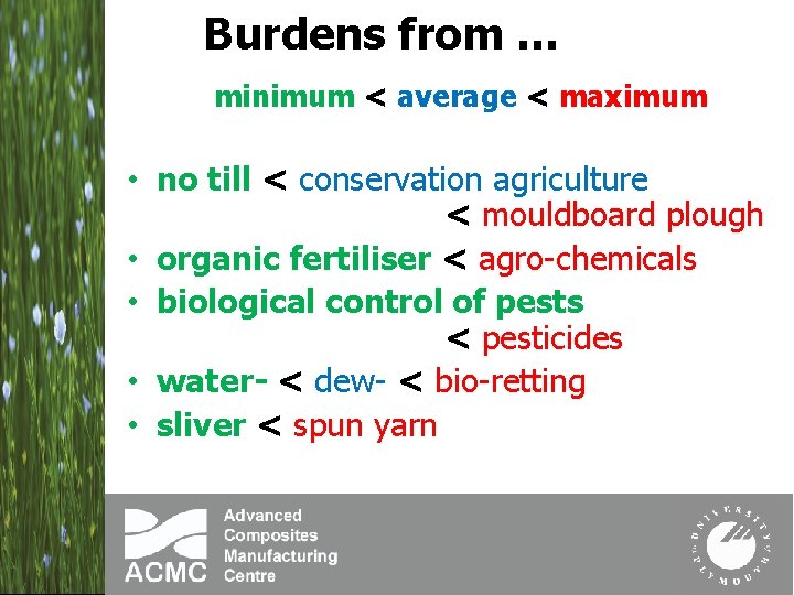 Burdens from … minimum < average < maximum • no till < conservation agriculture