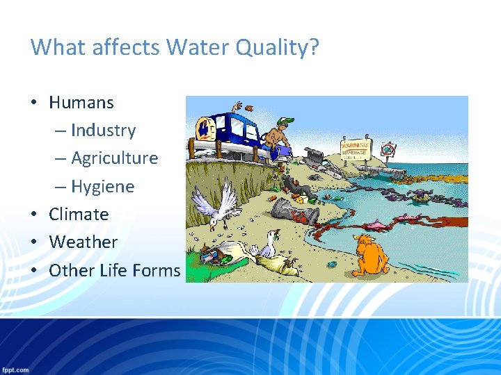 What affects Water Quality? • Humans – Industry – Agriculture – Hygiene • Climate