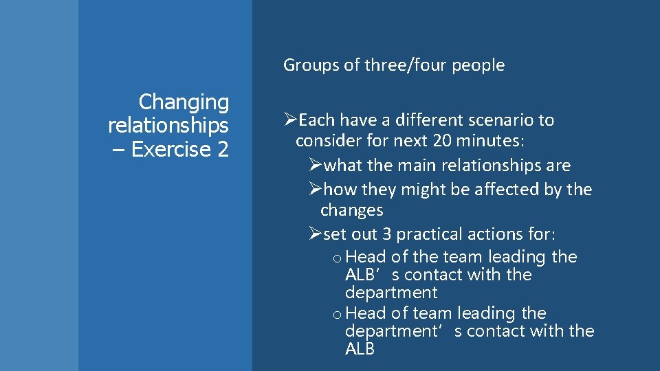 Groups of three/four people Changing relationships – Exercise 2 ØEach have a different scenario