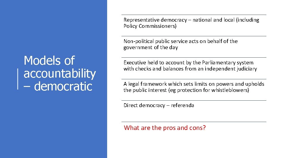 Representative democracy – national and local (including Policy Commissioners) Non-political public service acts on