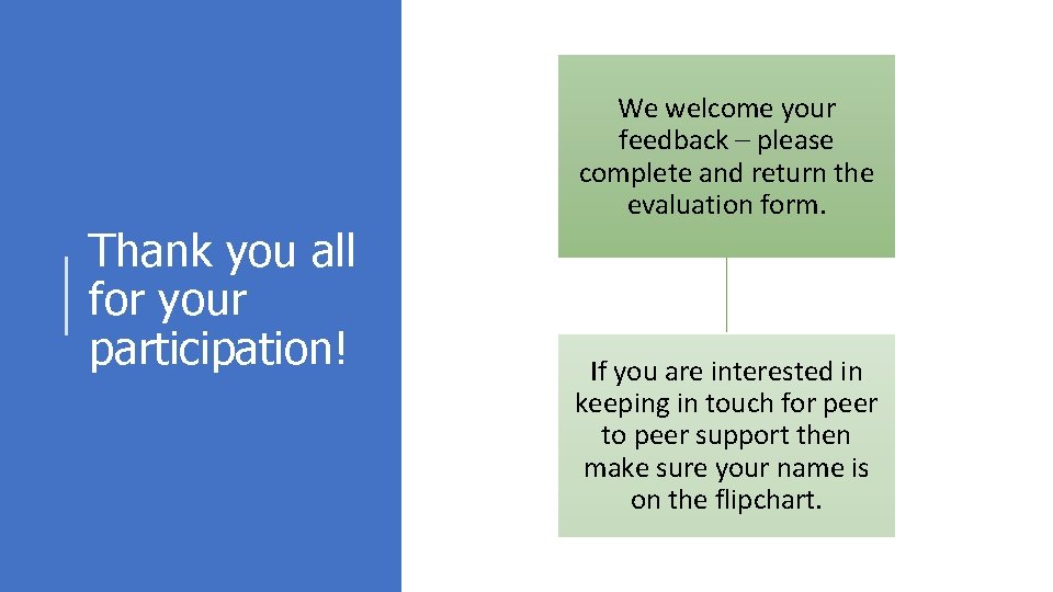 We welcome your feedback – please complete and return the evaluation form. Thank you