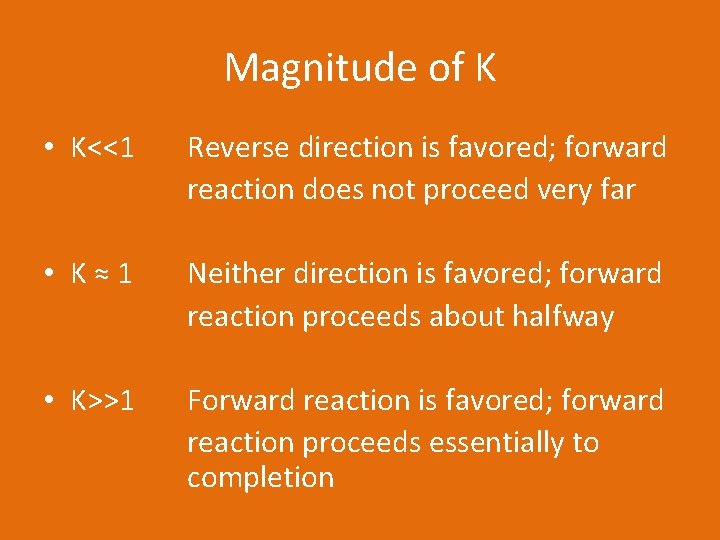 Magnitude of K • K<<1 Reverse direction is favored; forward reaction does not proceed